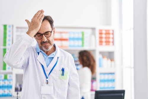pharmacist in white lab coat with hand to his head