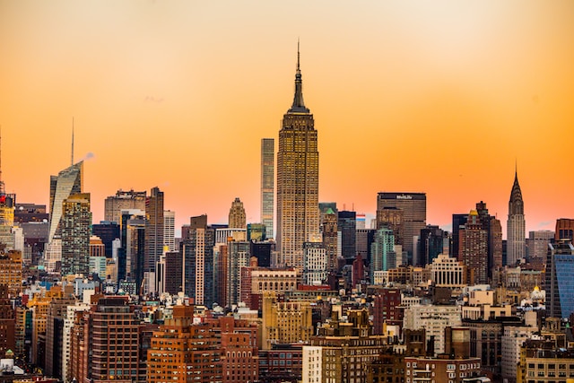 the manhattan skyline at dusk