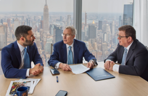 Three men in business suits sit at a conference table having a discussion, with a city skyline visible through the window behind them.