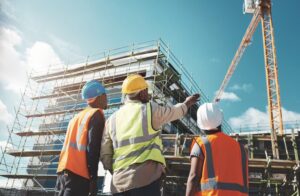 A team of engineers and construction professionals outdoors at a building site, collaborating on a project.