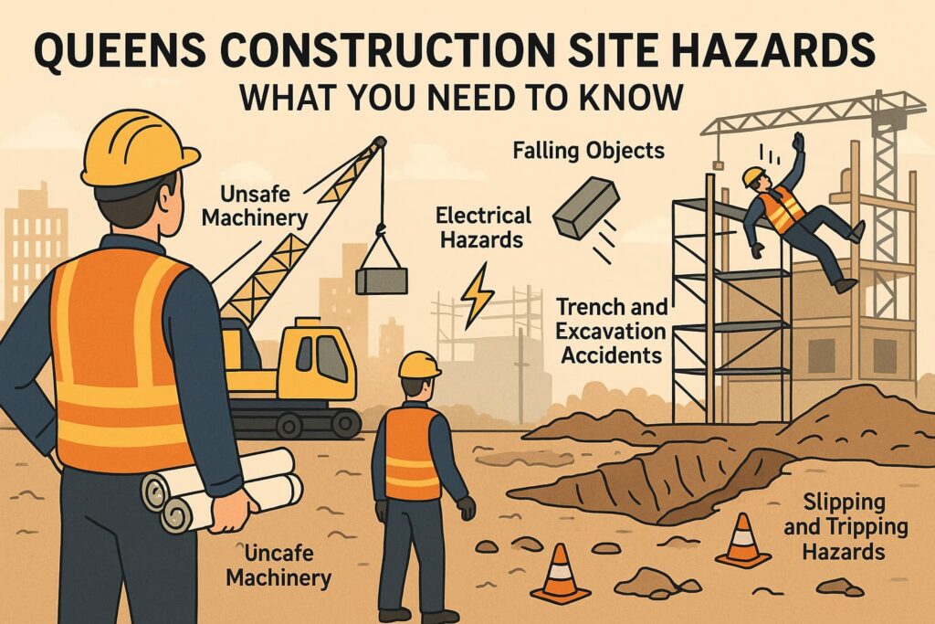 A digital illustration of a construction site in Queens, NY, labeled with common hazards such as falling objects, unsafe machinery, electrical hazards, falls from heights, trench accidents, and slipping hazards. Workers in safety vests and helmets observe the scene, emphasizing site safety and risk awareness.