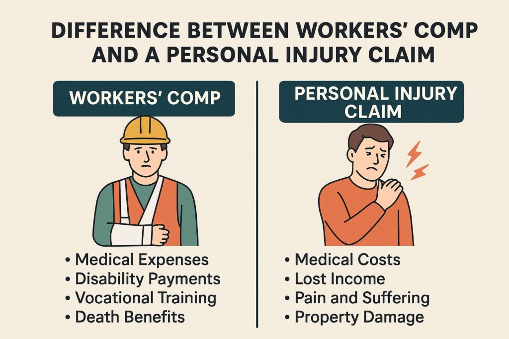 A side-by-side infographic in landscape orientation comparing Workers’ Comp and Personal Injury Claim. The left side shows a construction worker with a bandaged arm, listing benefits like medical expenses, disability payments, vocational training, and death benefits. The right side shows an injured man holding his shoulder with pain symbols, listing medical costs, lost income, pain and suffering, and property damage.