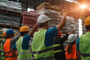 Construction Site Accident Group of construction workers raising their hands in unity at a warehouse job site.