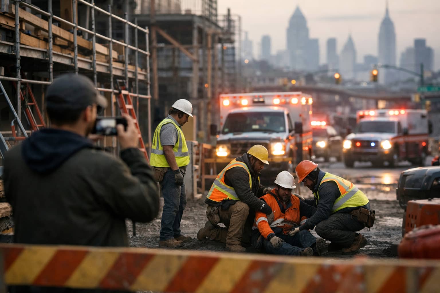 Independent witness photographing a construction accident scene in Queens with scaffolding and emergency responders in the background.