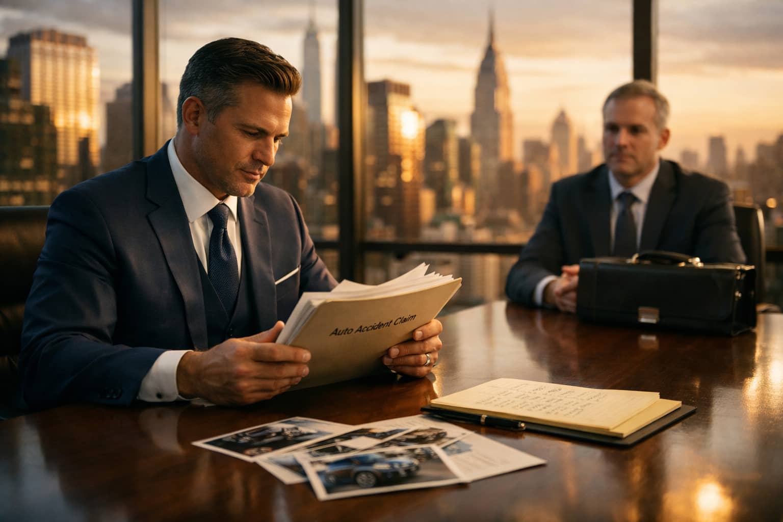 NYC personal injury attorney reviewing car accident settlement documents while negotiating with insurance adjuster in Manhattan law office.