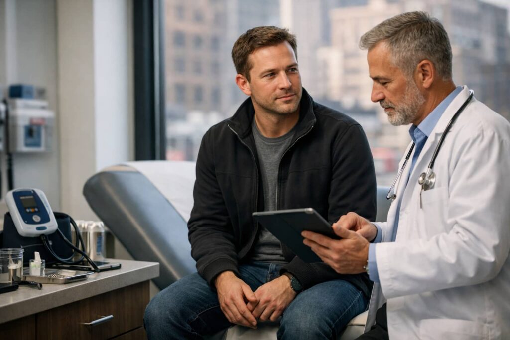 Car accident victim sitting in NYC urgent care clinic appearing uninjured while doctor documents evaluation to prevent delayed injury complications.