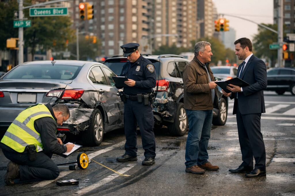Accident reconstruction analysis of chain reaction car crash in Queens NYC showing rear-end impact and liability investigation.