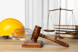 Construction accident law concept with gavel, hard hat, safety goggles, and scales of justice on a desk.